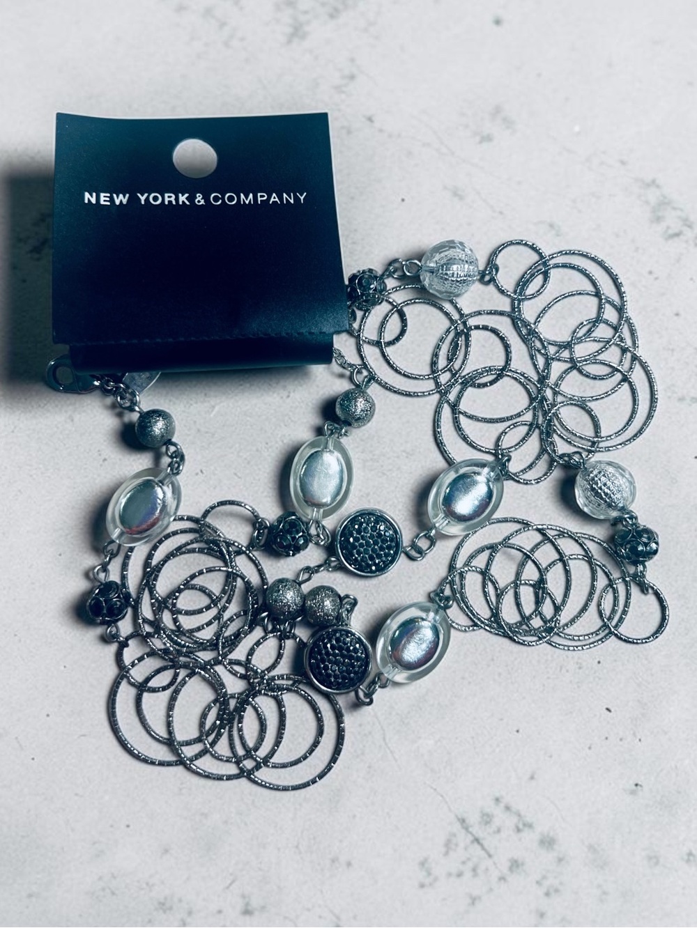 NWT New York & Company Silver Multi-Ring Bead Long Necklace